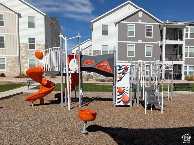 Community playground featuring various play structures