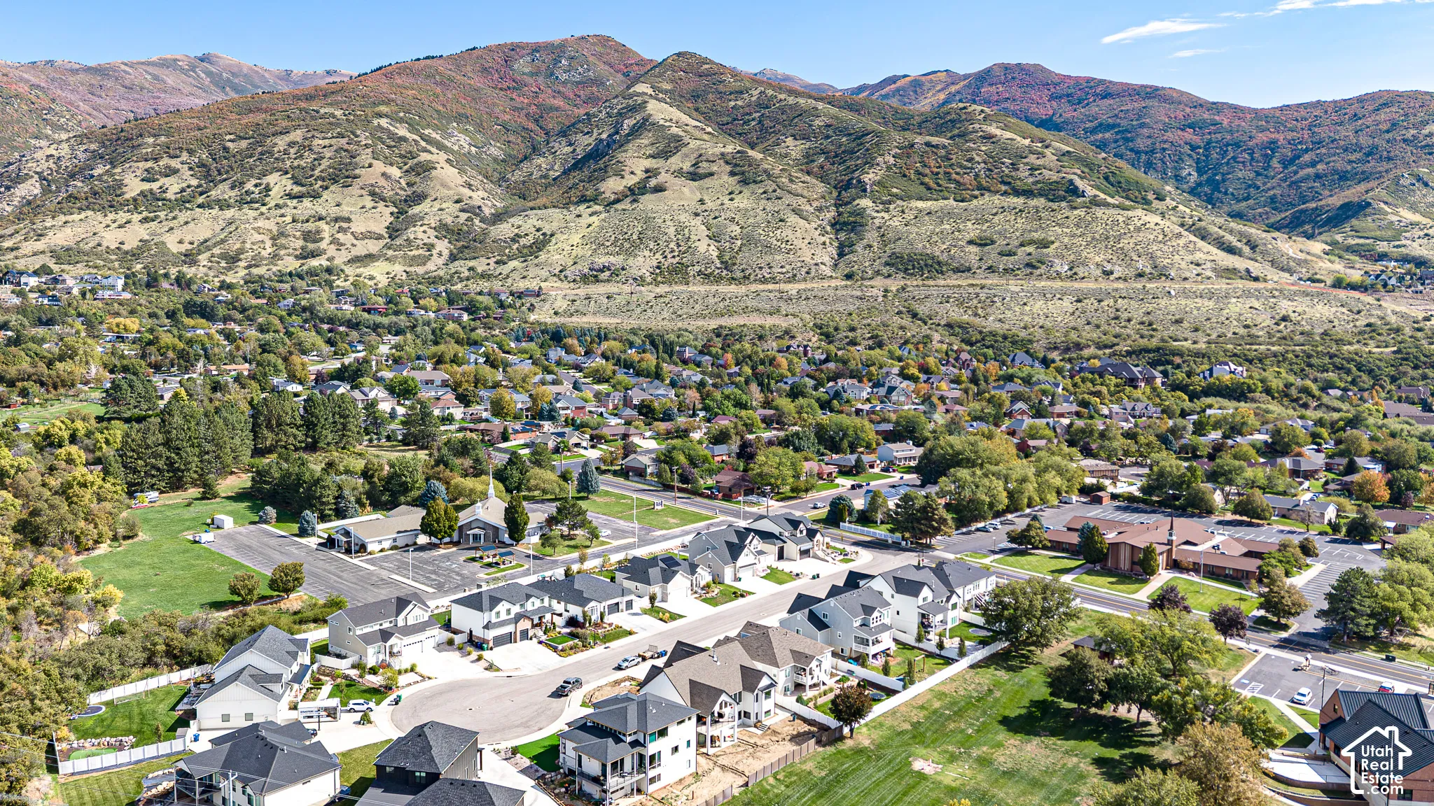Residential area featuring multiple homes with dark roofing, surrounded by lush green spaces and mature trees, with a mountain range as a prominent backdrop