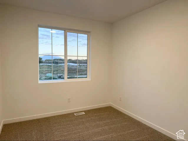 Neutral interior with carpeted flooring, white wall finishes, and a grid-pane window showcasing mountain terrain