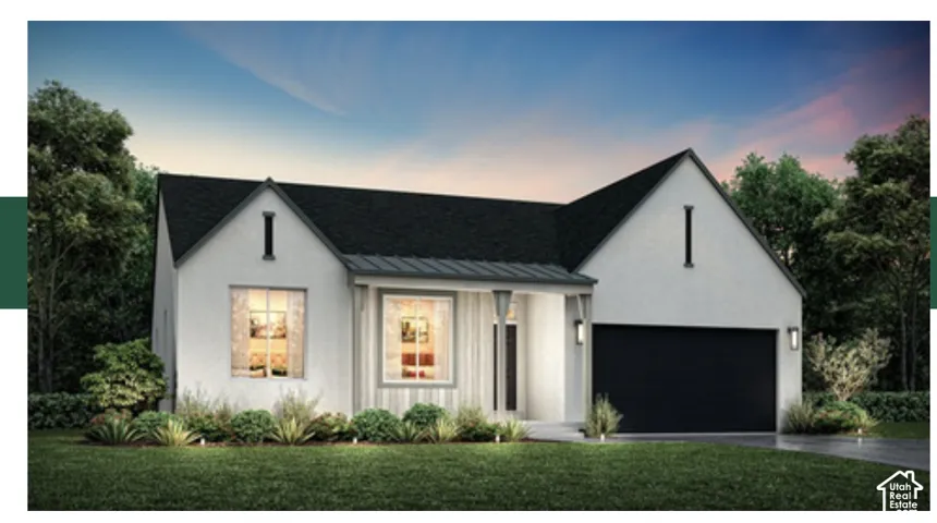 Gabled roofline, modern black garage door, covered entry, and exterior lighting fixtures