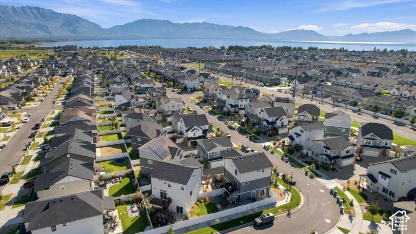 Aerial view showcasing a well-planned residential community with tree-lined streets, manicured lawns, and diverse architectural styles