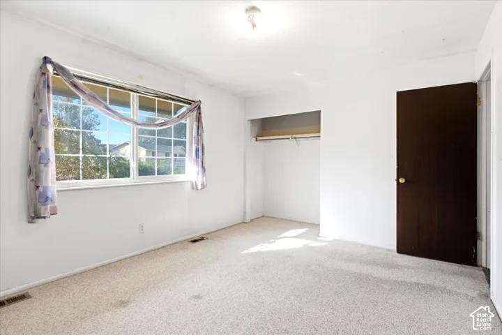 Carpeted room featuring a window with grid detailing, an open closet with a hanging rod, a dark-toned door, and a ceiling-mounted light fixture