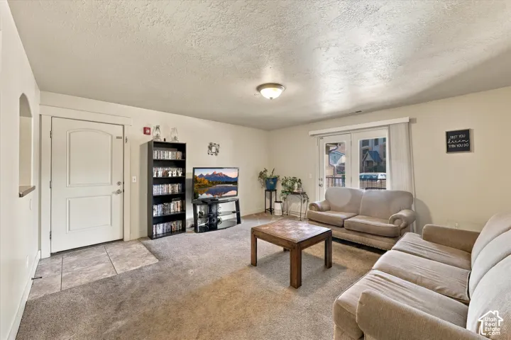 Wall-to-wall carpeting, overhead ceiling light fixture, double French doors, interior arched doorway, and a paneled interior door