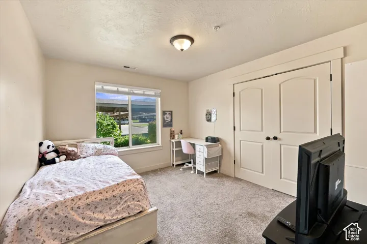 Recessed lighting, carpeted flooring, large window with outdoor scenery, and double-panel closet doors