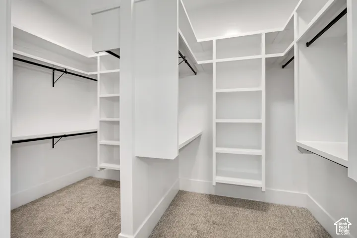Walk-in closet featuring white built-in shelving, black hanging rods, and carpet flooring