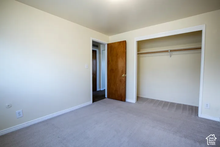 Neutral tone wall paint, light-toned carpet flooring, wood-finish interior door, recessed closet with clothing rod, and white trim