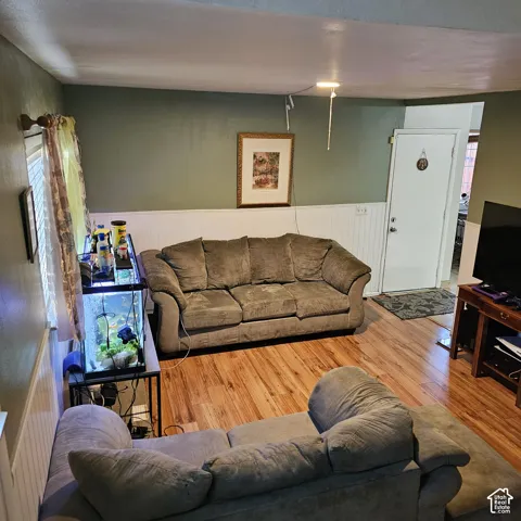 Wood-finish flooring with wainscoting and painted walls