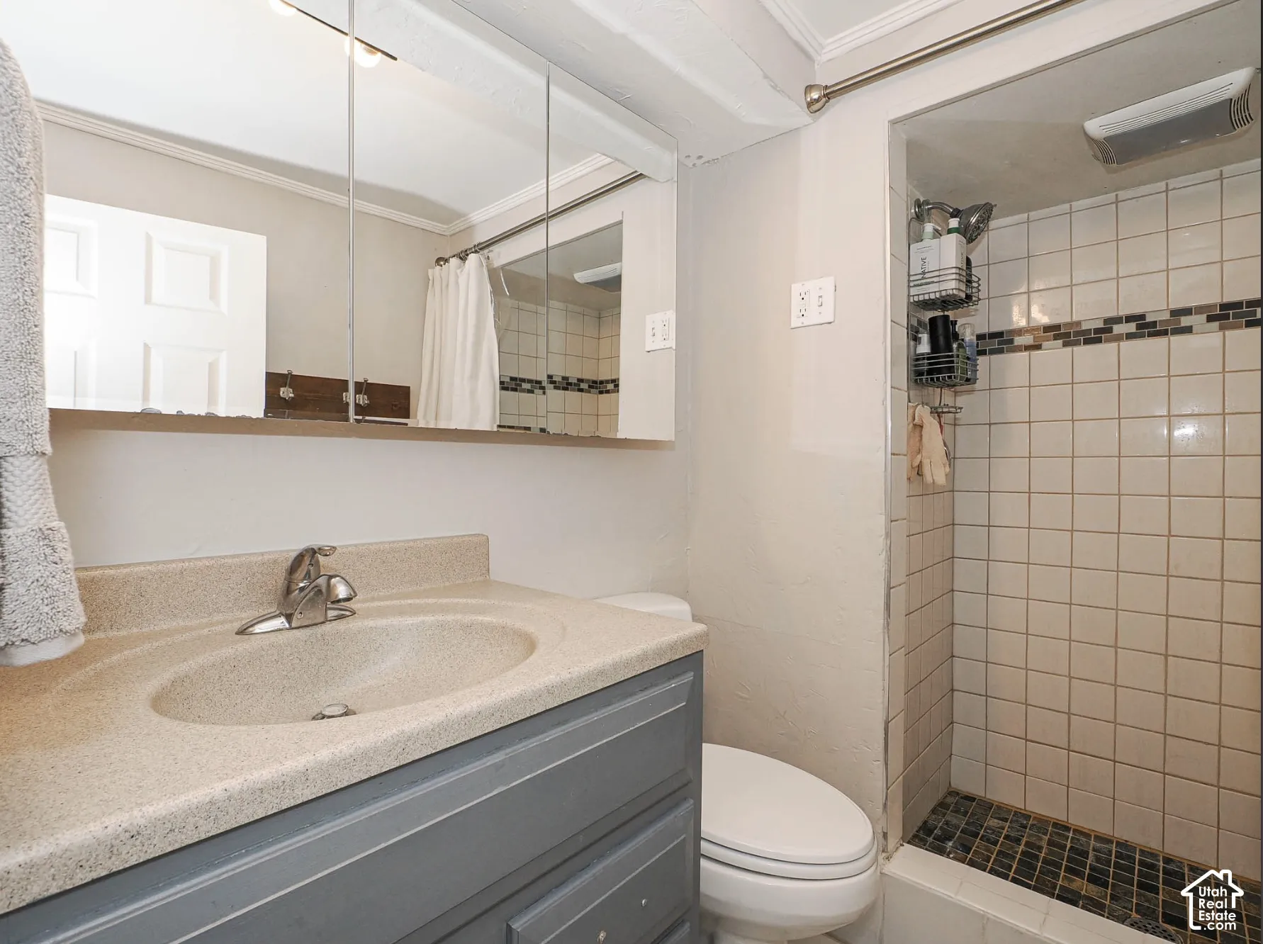 Vanity with integrated sink, chrome faucet, and storage cabinetry