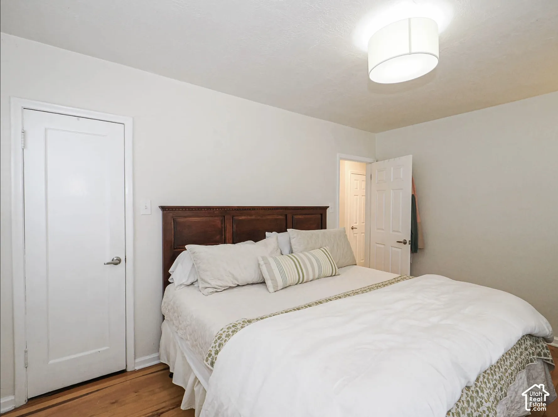 Hardwood flooring, painted walls, white trim, and a flush-mount ceiling fixture
