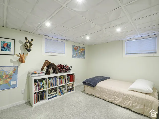 Recessed lighting, wall-to-wall carpeting, and a white grid ceiling