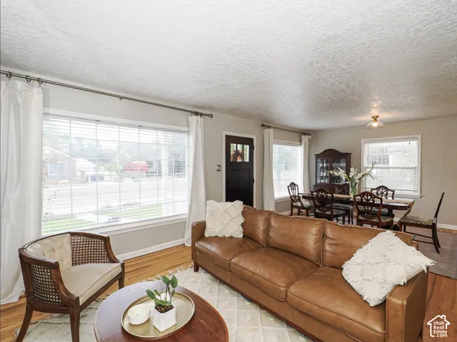 Wood-finish flooring throughout, light-toned wall paint, white window blinds, and white window trim