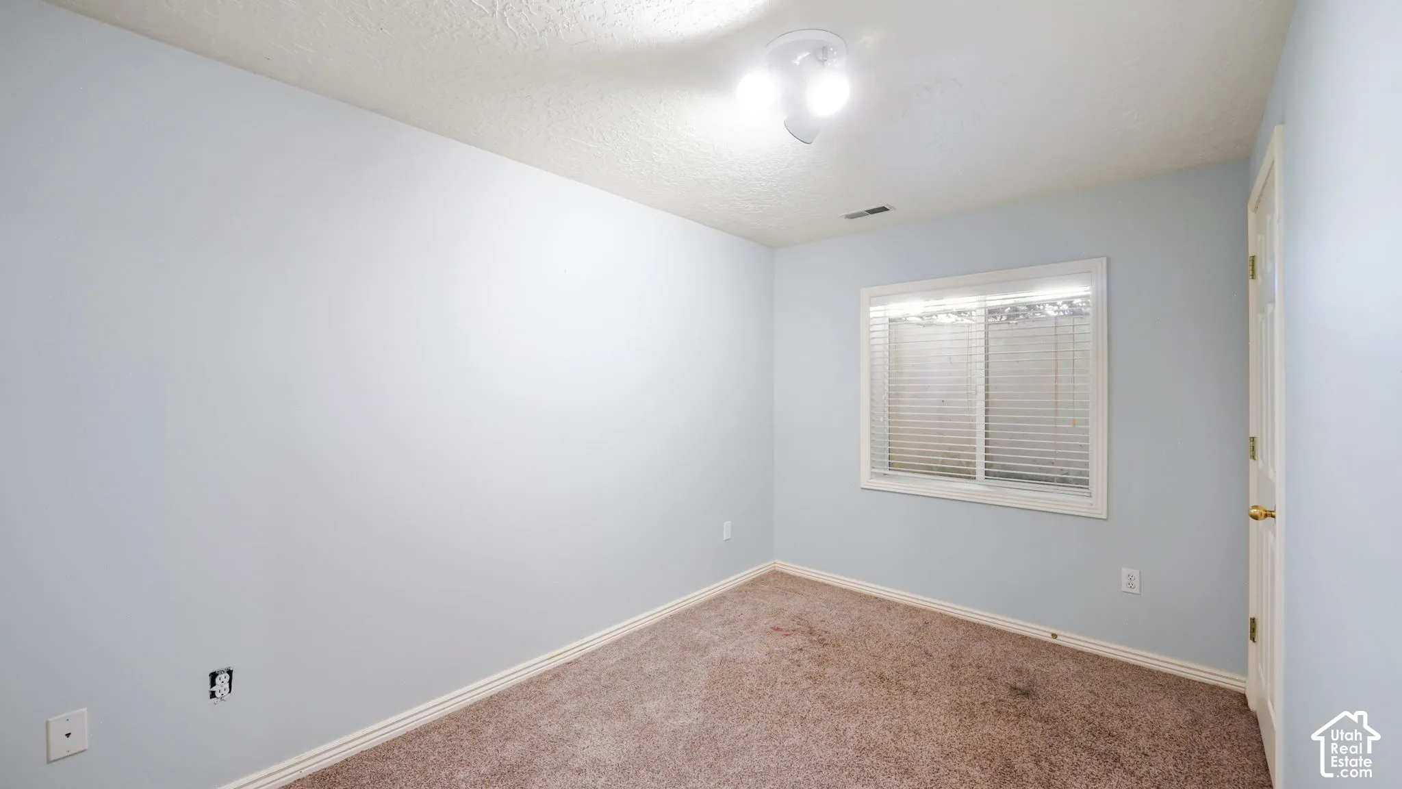 Carpeted room featuring a window with blinds, a white door, and a ceiling-mounted light fixture