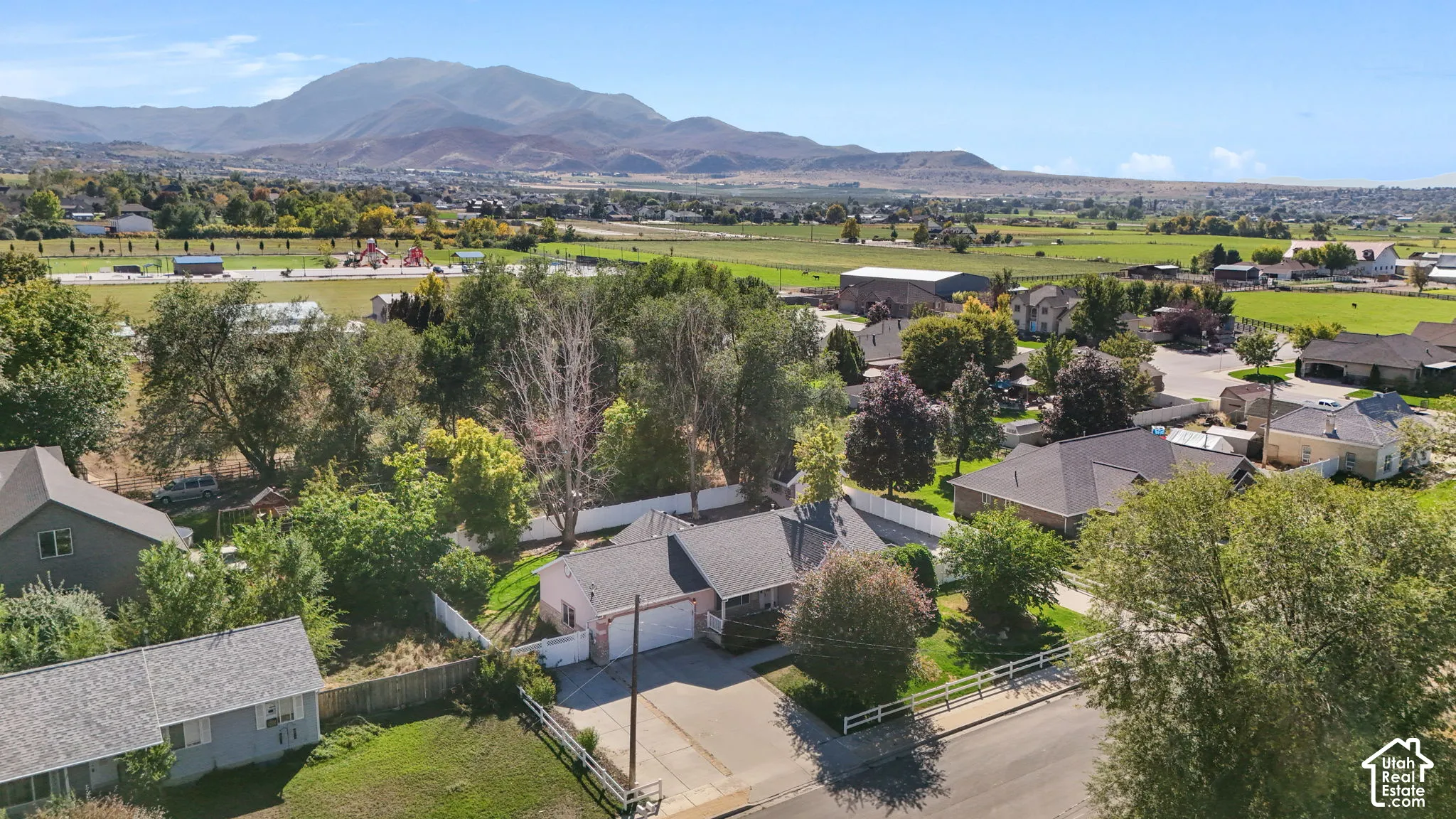 Aerial perspective showcasing residential properties with surrounding green spaces, mature trees, and distant mountain ranges