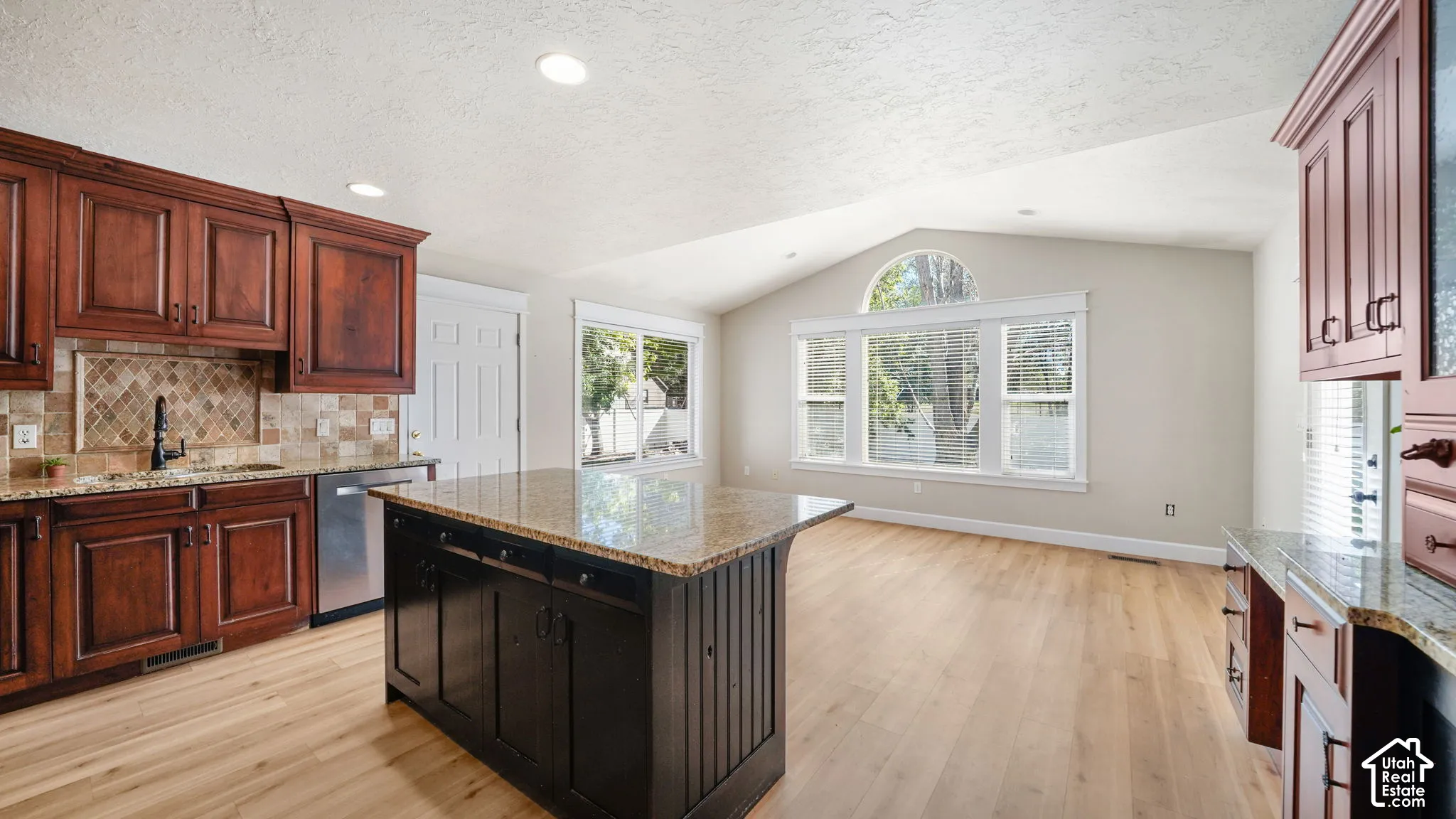 Wood-finish flooring throughout, vaulted ceiling, kitchen island with granite countertop, dark wood cabinetry, and stainless steel dishwasher