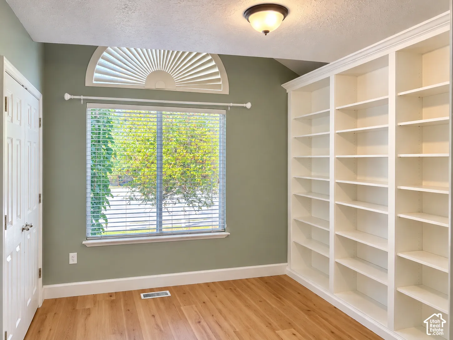 Wood-finish flooring, built-in shelving, arched window, ceiling-mounted light fixture, and white paneled door