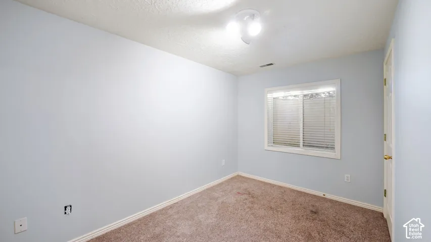 Carpeted room featuring a window with blinds, a white door, and a ceiling-mounted light fixture