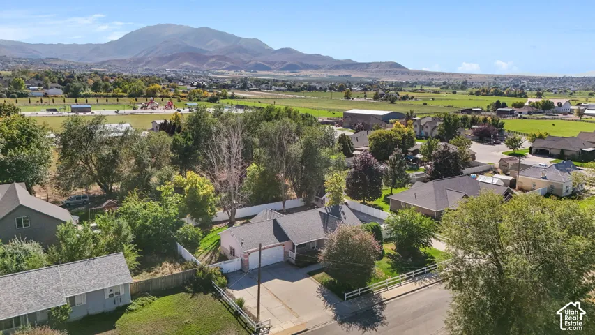 Aerial perspective showcasing residential properties with surrounding green spaces, mature trees, and distant mountain ranges