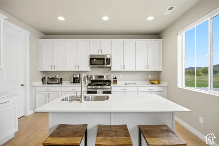 Kitchen featuring white cabinetry, stainless steel appliances, a center island with sink, recessed lighting, and wood-finish flooring