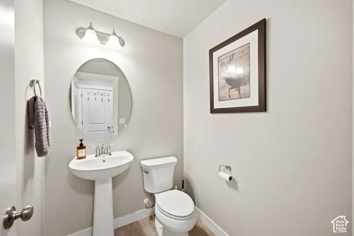 Pedestal sink with chrome-finish faucet, elongated toilet, oval mirror, and wood-finish flooring