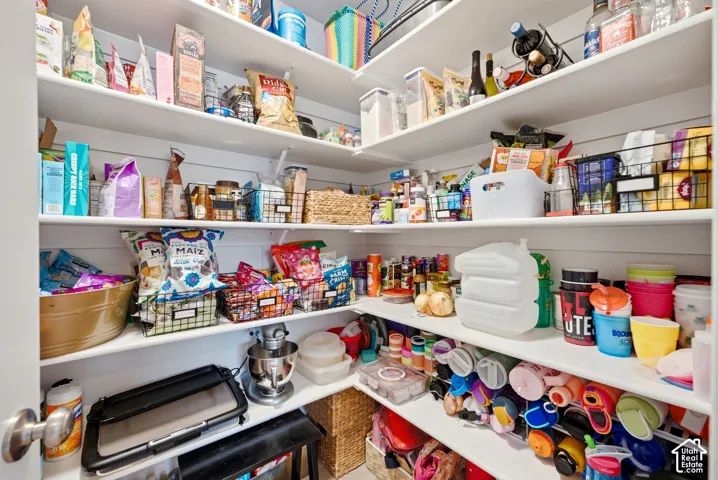 Walk-in pantry featuring extensive white shelving and a chrome door handle