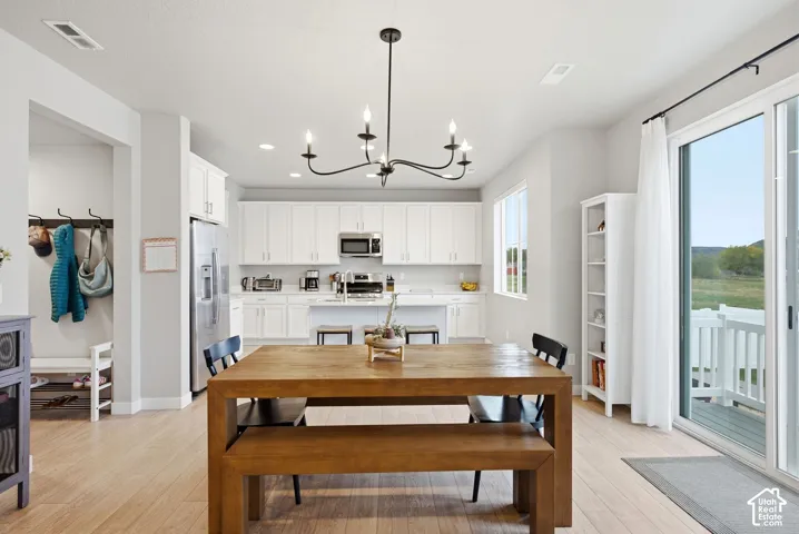 Light wood-finish flooring, white cabinetry, stainless steel appliances, sliding glass door, and a modern ceiling fixture