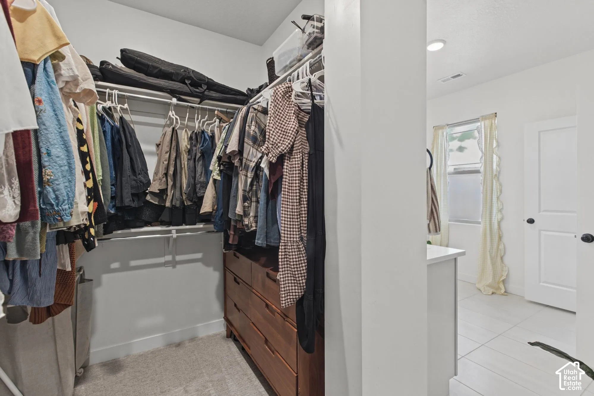 Walk-in closet featuring carpet flooring, built-in shelving, and a wood-finish drawer unit