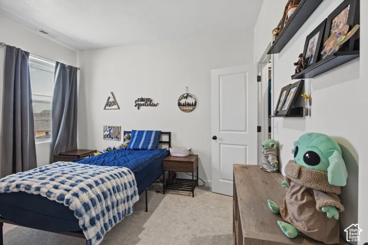 Recessed window with gray drapery, white interior walls, light-colored carpet, and a white interior door with dark hardware