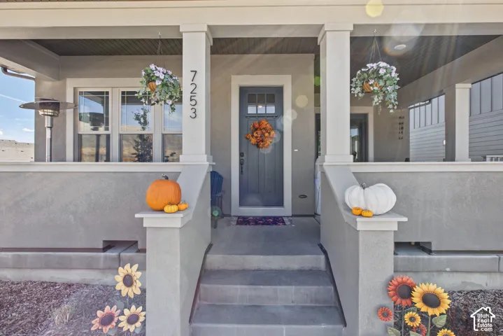 Covered entry with multiple architectural columns, a dark panel door, and white frame windows