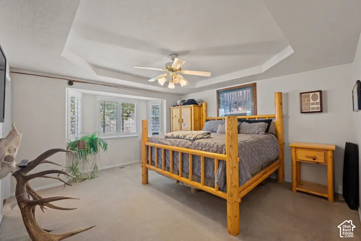Tray ceiling, ceiling fan, bay window with plantation shutters, wood-frame window, and carpeting