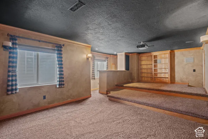 Carpeted tiered flooring with wood-finish trim, built-in wooden shelving, and a ceiling-mounted projector