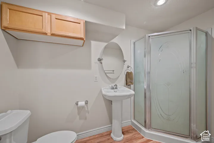 Pedestal sink with chrome fixtures, wood-finish flooring, corner shower with frosted glass enclosure, and recessed ceiling lighting