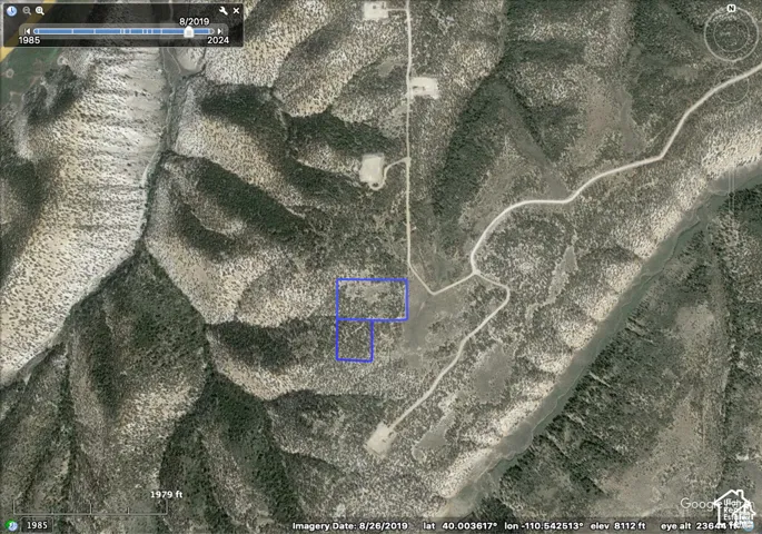 Satellite Imagery. Displaying a historical aerial perspective of the property with geographic coordinates and elevation data