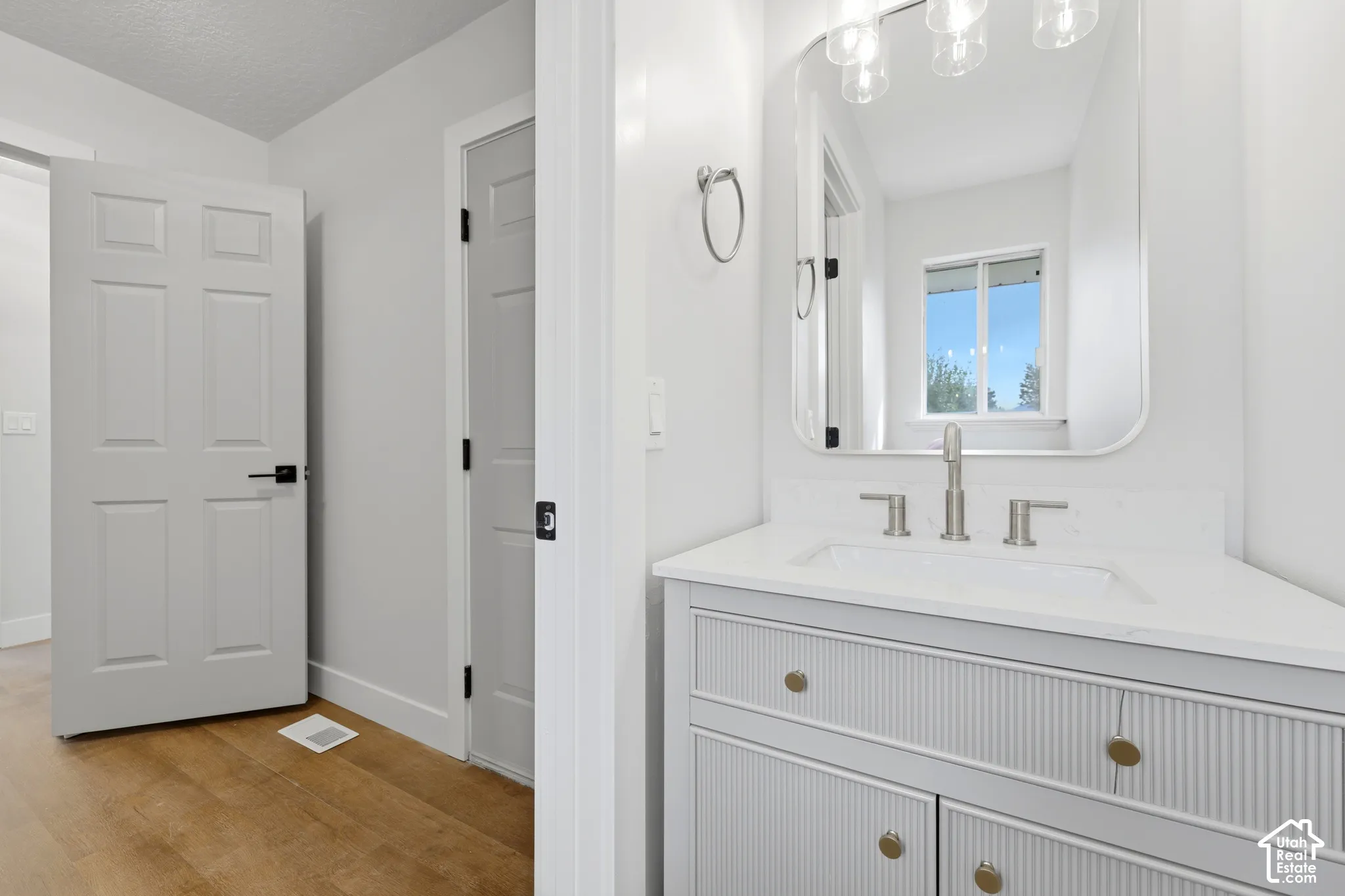 Wood-finish flooring, white paneled doors, and a vanity with reeded paneling