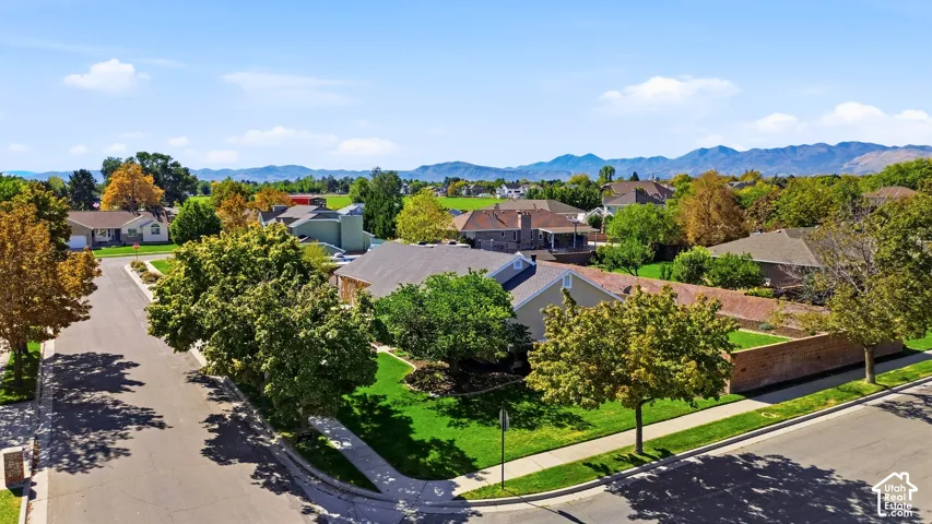 Residential neighborhood with mature trees, paved streets, and sidewalks