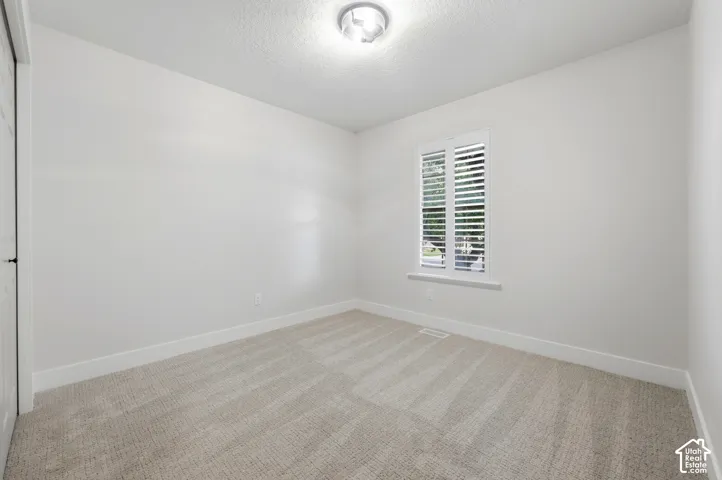 Neutral wall paint, plush carpeting, white window shutters, ceiling-mounted light fixture