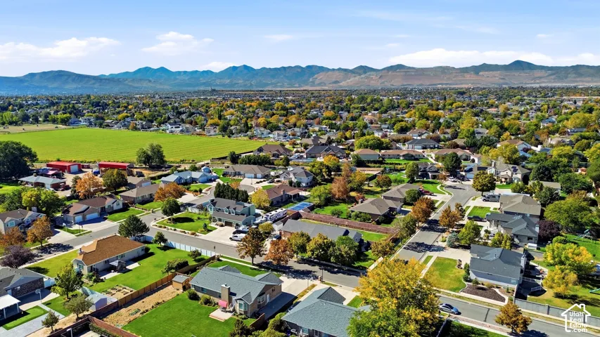 Expansive residential area with mature trees and mountain scenery