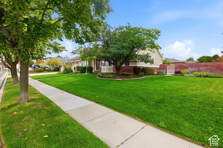 Expansive front lawn with mature shade trees, concrete sidewalk, and a brick privacy wall