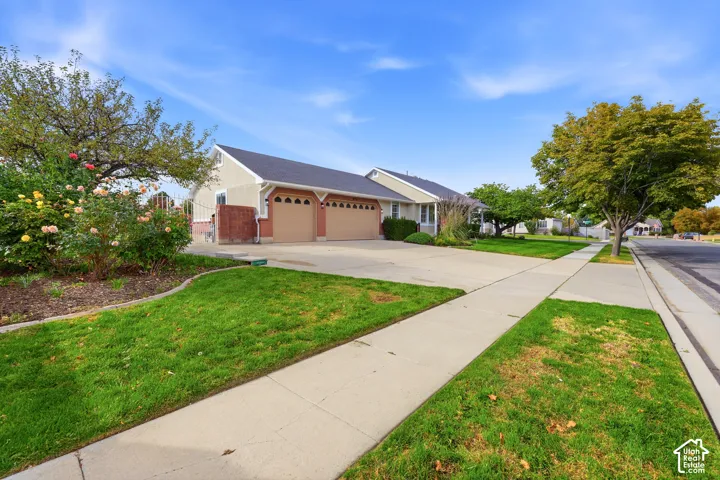 Two-car garage with arched panel doors, extended concrete driveway, and mature landscaping