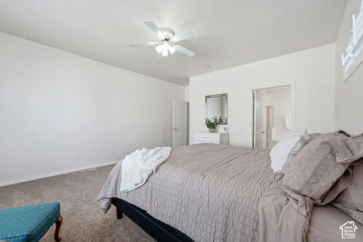 Primary suite with neutral tone carpeting and ceiling fan