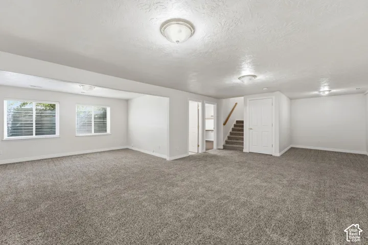 Spacious basement living room with neutral-toned carpeting