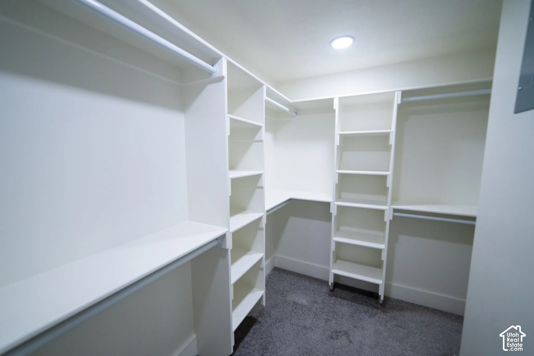 Built-in shelving, hanging rods, recessed ceiling lighting, and carpet flooring
