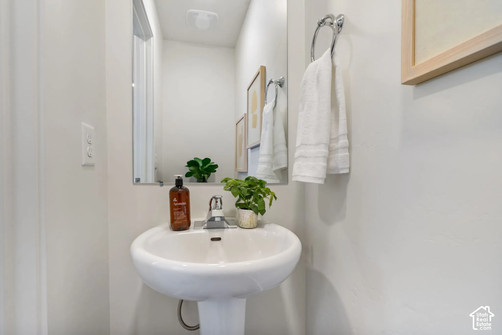 Pedestal sink with a chrome faucet, wall-mounted mirror, and a circular towel ring