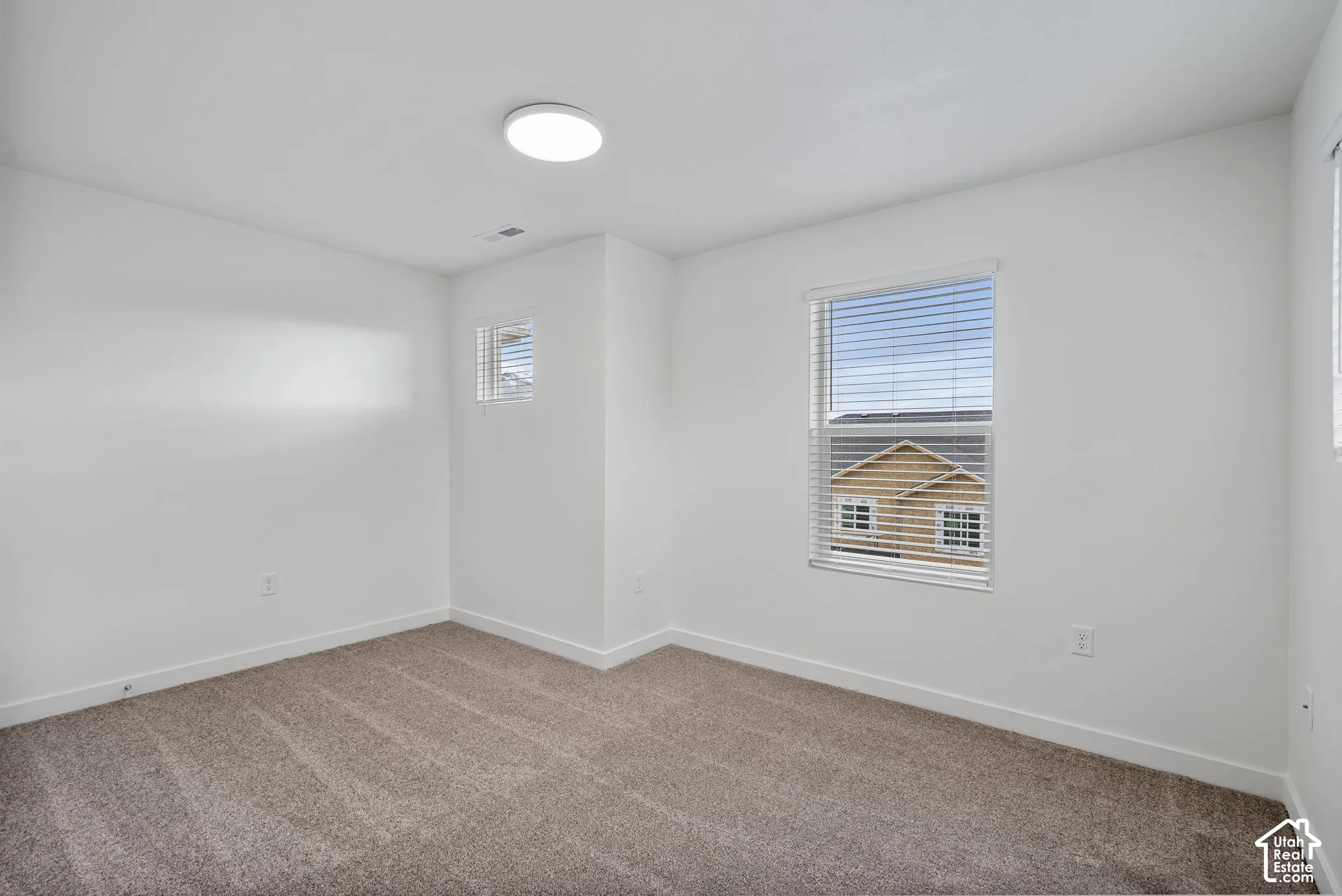 Carpeted flooring, white walls, two windows with blinds, and a flush-mount ceiling light fixture