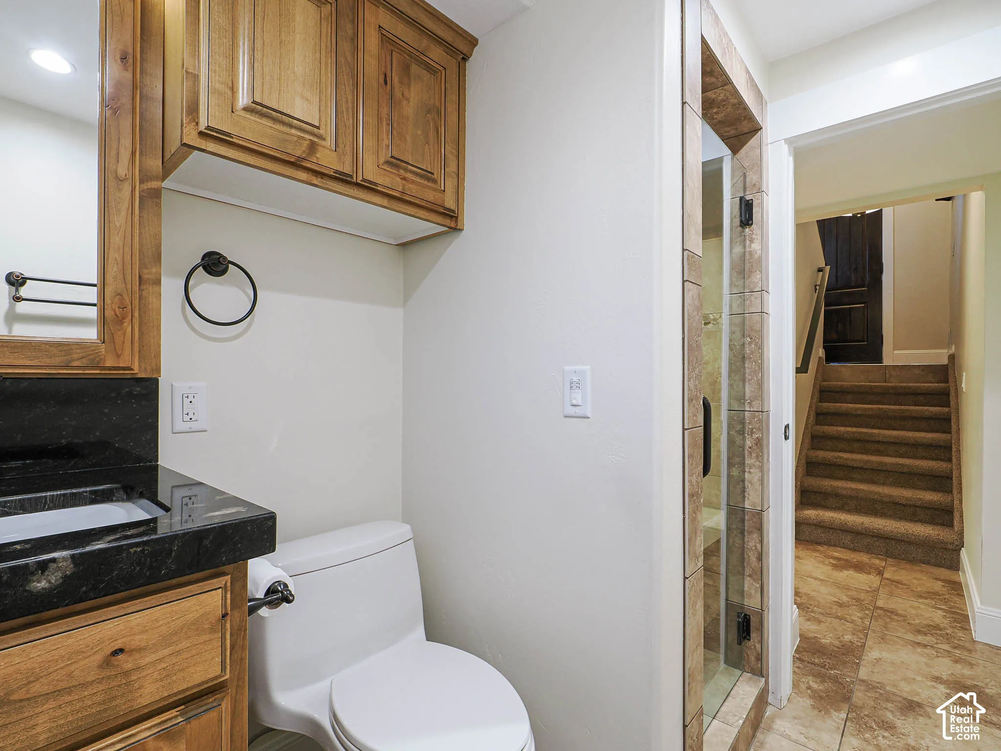 Wood-finish cabinetry with dark stone countertop, integrated sink, and tiled shower enclosure