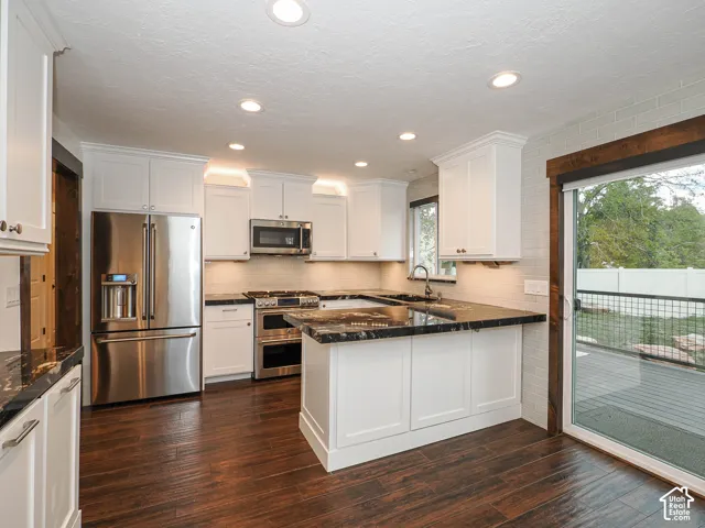 White cabinetry with under-cabinet lighting, stainless steel appliances, dark stone countertops, wood-finish flooring, and a sliding glass door to an outdoor deck