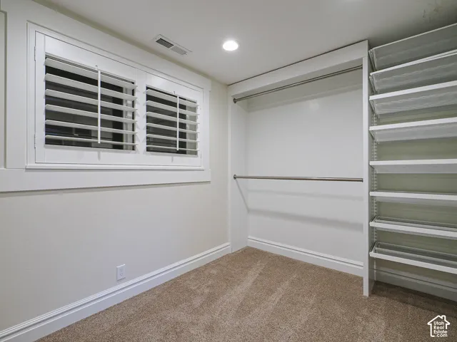 Recessed lighting, warm carpet flooring, white window shutters, and a built-in closet organization system with shelving and hanging rods