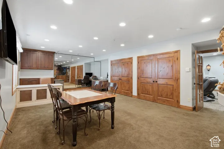 Built-in cabinetry with wood-finish doors, recessed lighting, carpeted flooring, and wood-finish interior doors