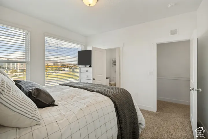 Brightly lit room featuring two windows with horizontal blinds, neutral-toned carpet flooring, and a flush mount ceiling light