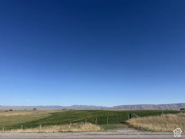 Expansive agricultural land featuring a verdant field and distant mountain ranges under a clear sky