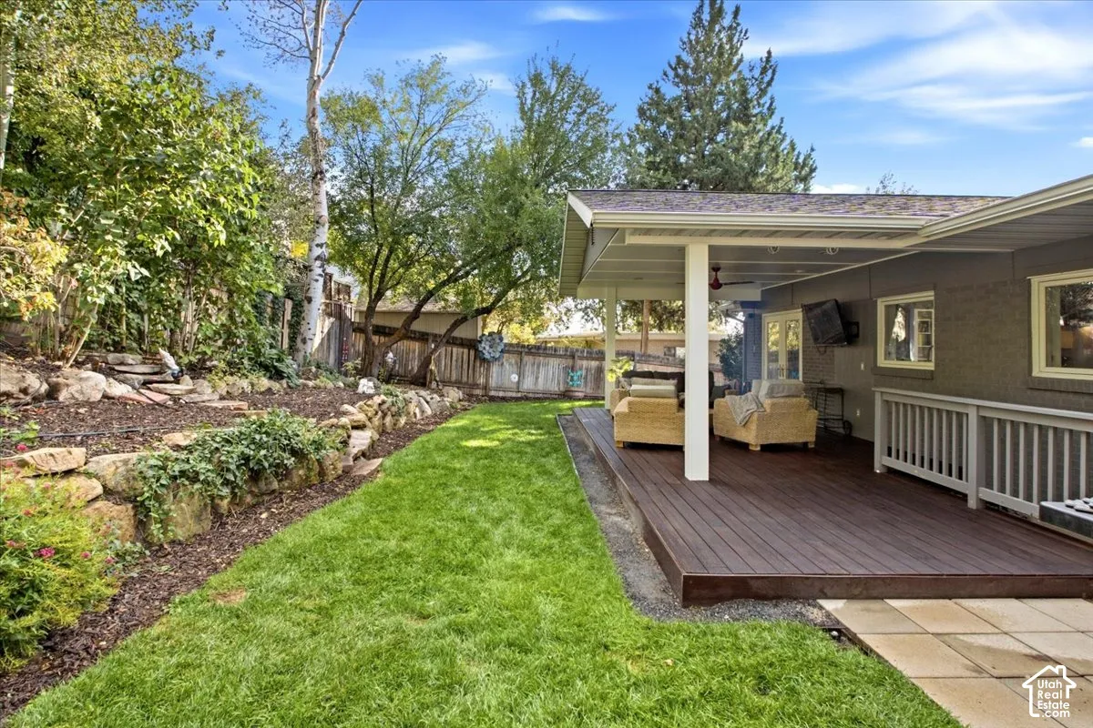 Expansive outdoor living area featuring a covered deck, composite decking, and a grass lawn